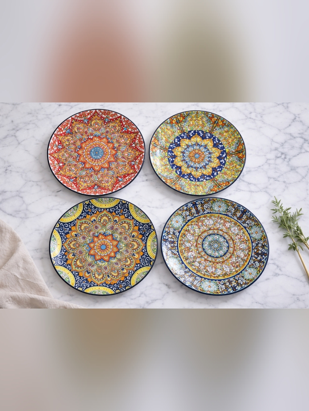 Boho Mandala Dinner Plates Set of 4 Colorful Mediterranean Ceramic 10.5"